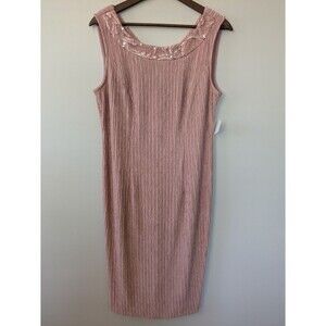 Maya Brooke Sheath Dress Pink Embellished Neck Gauzy Crinkle Stretch Size 10 NWT